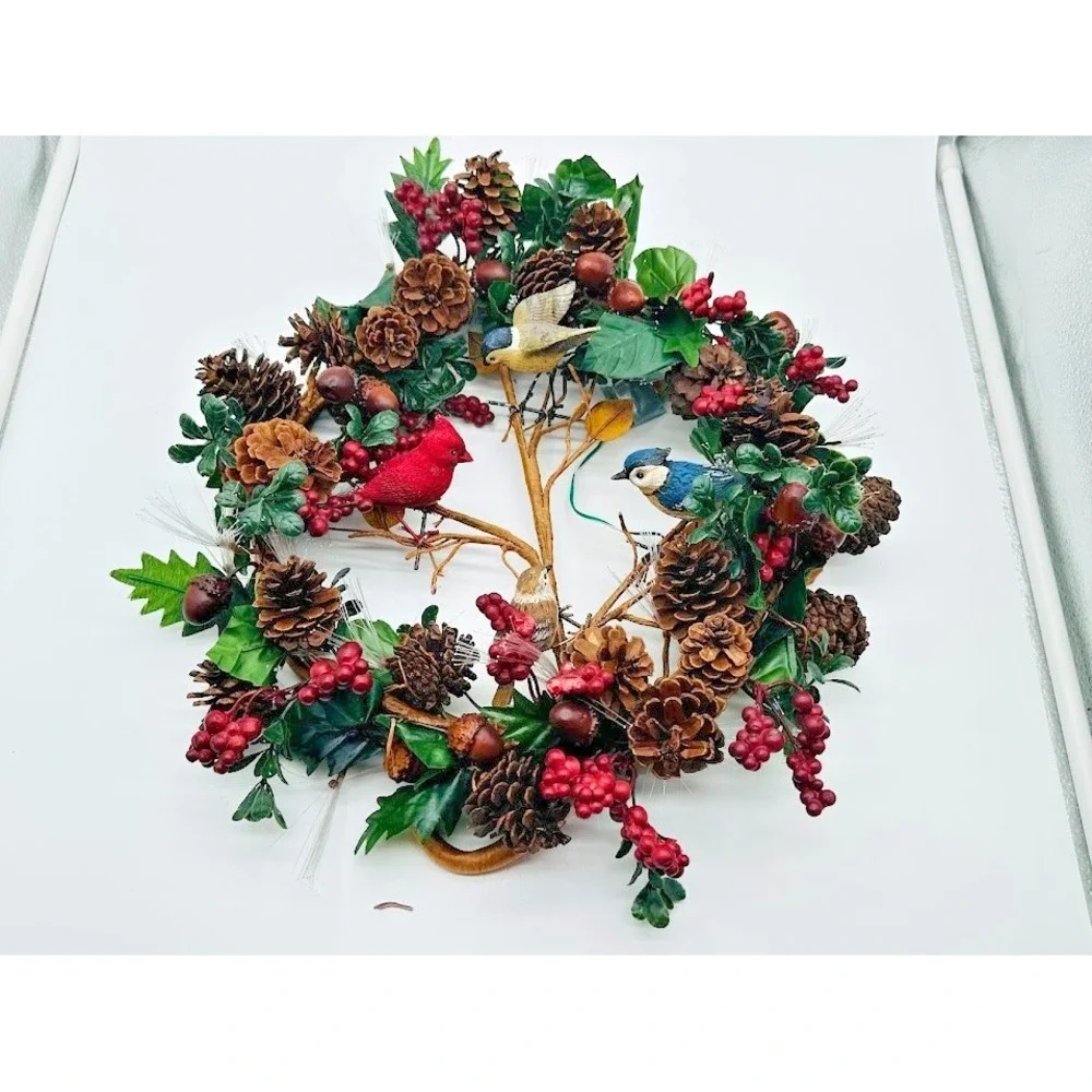 Lighted Christmas Wreath Birds Pinecones Berries Rustic Holiday Wall Door Decor